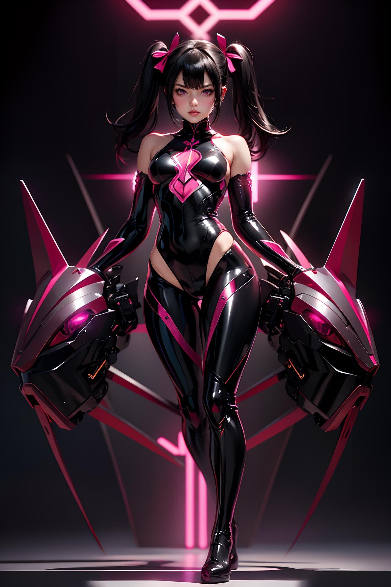 Darkness, disease, mine - type, mass - produced type, cross, ribbon, slanted eyes, twintails, thick coating, black hair, pink eyes, art by hajime sorayama and WLOP