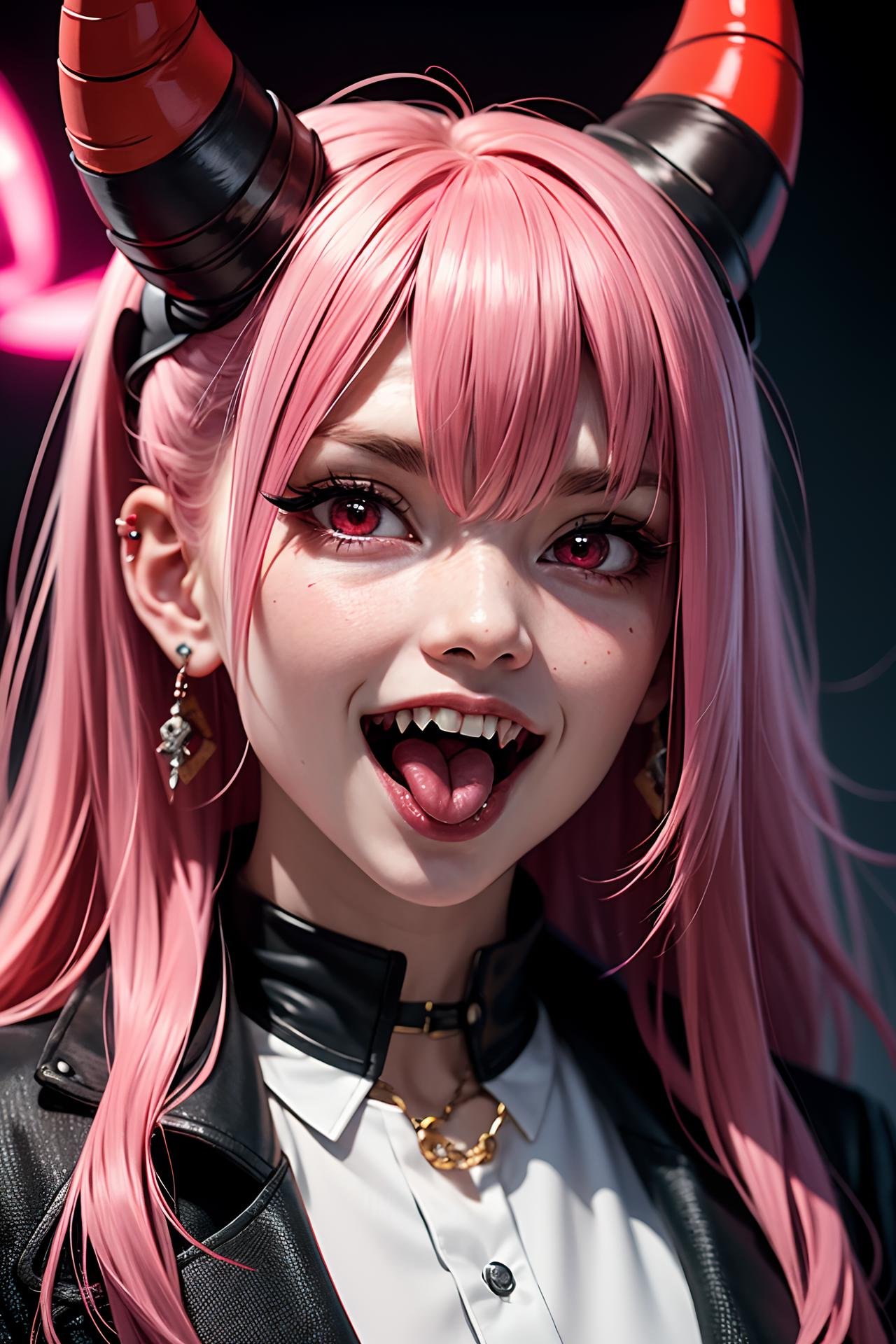 i want the whole image to be created in 3D anime style, 1girl, solo, long hair, looking at viewer, smile, open mouth, shirt, red eyes, hair between eyes, jewelry, pink hair, earrings, horns, teeth, tongue, collared shirt, tongue out, symbol-shaped pupils, eyelashes, fangs, piercing, sharp teeth, demon horns, ear piercing, portrait, red horns, cross-shaped pupils, tongue piercing, power (chainsaw man)