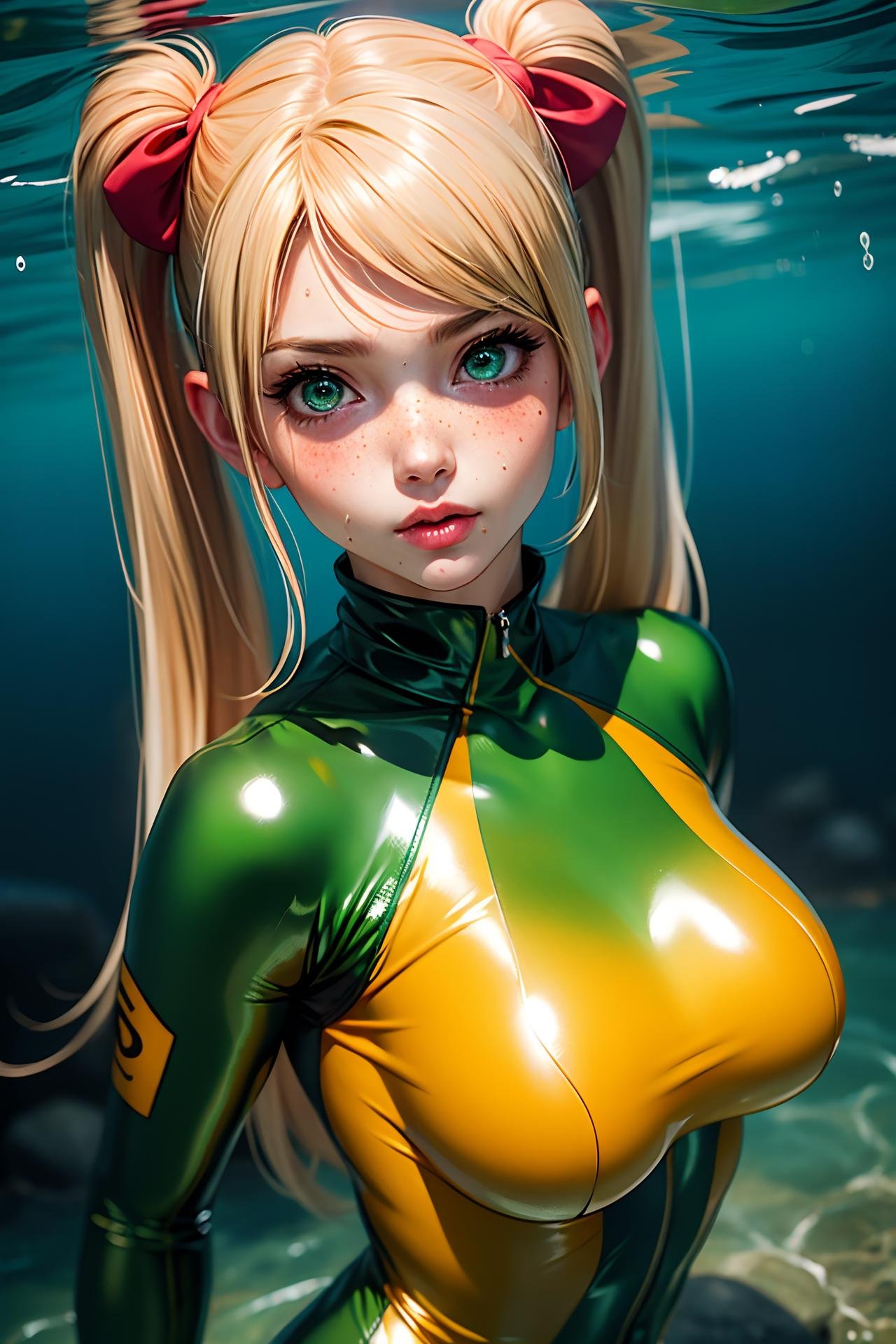 i want the whole image to be created in 3D anime style, 1girl, solo, long hair, breasts, looking at viewer, blush, bangs, blonde hair, twintails, medium breasts, green eyes, upper body, shiny, water, lips, wet, bodysuit, skin tight, partially submerged, freckles, takamaki anne