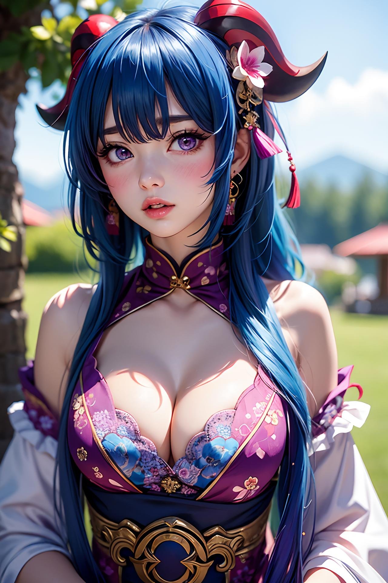 long hair, breasts, looking at viewer, blush, bangs, multiple girls, hair ornament, dress, cleavage, medium breasts, blue hair, purple eyes, flower, outdoors, parted lips, horns, solo focus, hair flower, blurry background, ganyu (genshin impact)