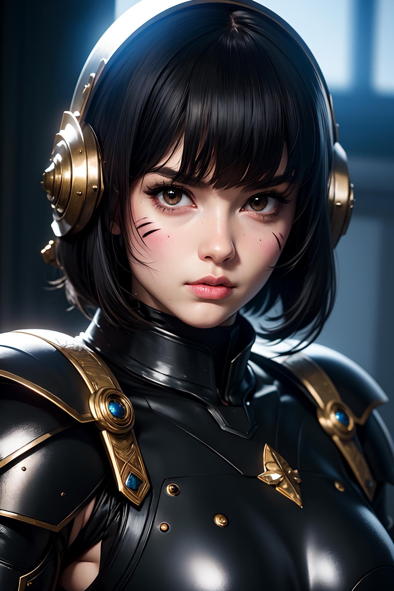 i want the whole image to be created in 3D anime style, 1girl, solo, looking at viewer, bangs, black hair, brown eyes, closed mouth, upper body, armor, blurry, lips, eyelashes, headgear, facial mark, helmet, portrait, science fiction, realistic, nose