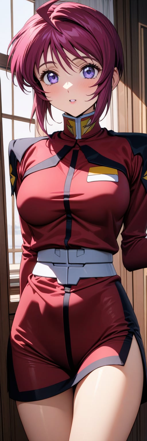 
((masterpiece, best quality, hyper detailed, insanely detailed, exquisite, beautiful, 8K)), ((uncensored)), (more_details:1), (sharpen:1.2), (((bright interior:1.4))), detailed_clothes, (((cowboy shot))), 1girl, alone:1.2, Lunamaria Hawke /(MOBILE SUIT GUNDAM SEED/), ahoge, purple hair, purple eyes, bangs, middle breasts, clothes,