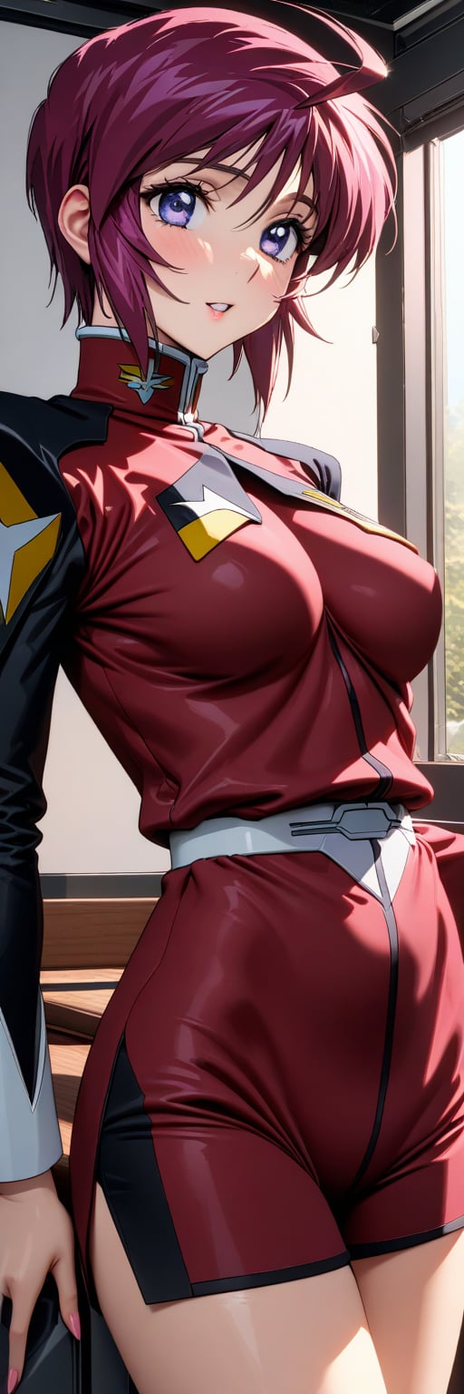 
((masterpiece, best quality, hyper detailed, insanely detailed, exquisite, beautiful, 8K)), ((uncensored)), (more_details:1), (sharpen:1.2), (((bright interior:1.4))), detailed_clothes, (((cowboy shot))), 1girl, alone:1.2, Lunamaria Hawke /(MOBILE SUIT GUNDAM SEED/), ahoge, purple hair, purple eyes, bangs, middle breasts, private clothes,