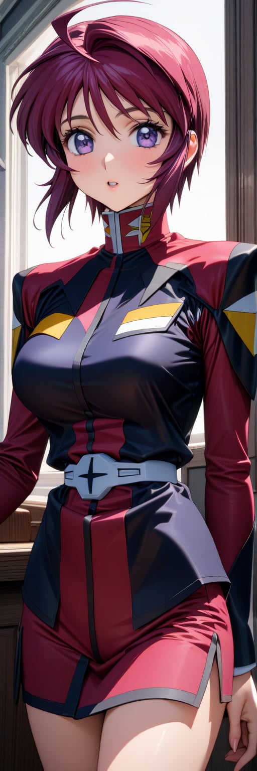 
((masterpiece, best quality, hyper detailed, insanely detailed, exquisite, beautiful, 8K)), ((uncensored)), (more_details:1), (sharpen:1.2), (((bright interior:1.4))), detailed_clothes, (((cowboy shot))), 1girl, alone:1.2, Lunamaria Hawke /(MOBILE SUIT GUNDAM SEED/), ahoge, purple hair, purple eyes, bangs, middle breasts, clothes,