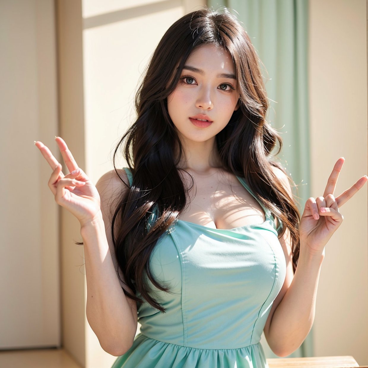 wavy long hair, brown hair, 1girl, emerald eyes, waving with two fingers, pink lips, pastel green dress,