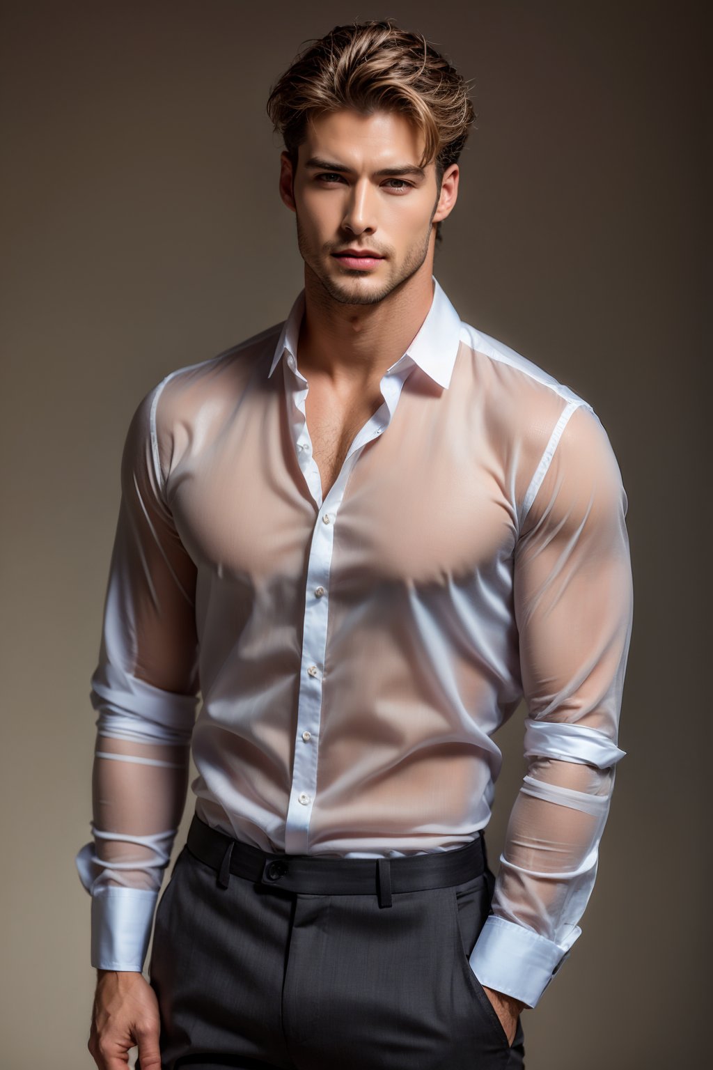 (realistic professional photography), handsome men ,Transparent Shirt