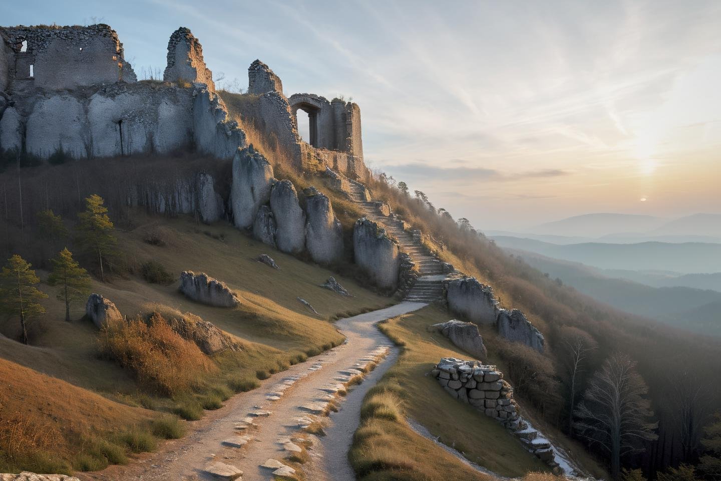 Hyperrealistic art professional photo, scenery, path through cliffs up to hill leading to ruins, forest, (dramatic sky,  journal cover shot, natural colors, correct white balance, color correction, dehaze,clarity),  . Extremely high-resolution details, photographic, realism pushed to extreme, fine texture, incredibly lifelike   <lora:When_autumn_meets_winter_XL:1>