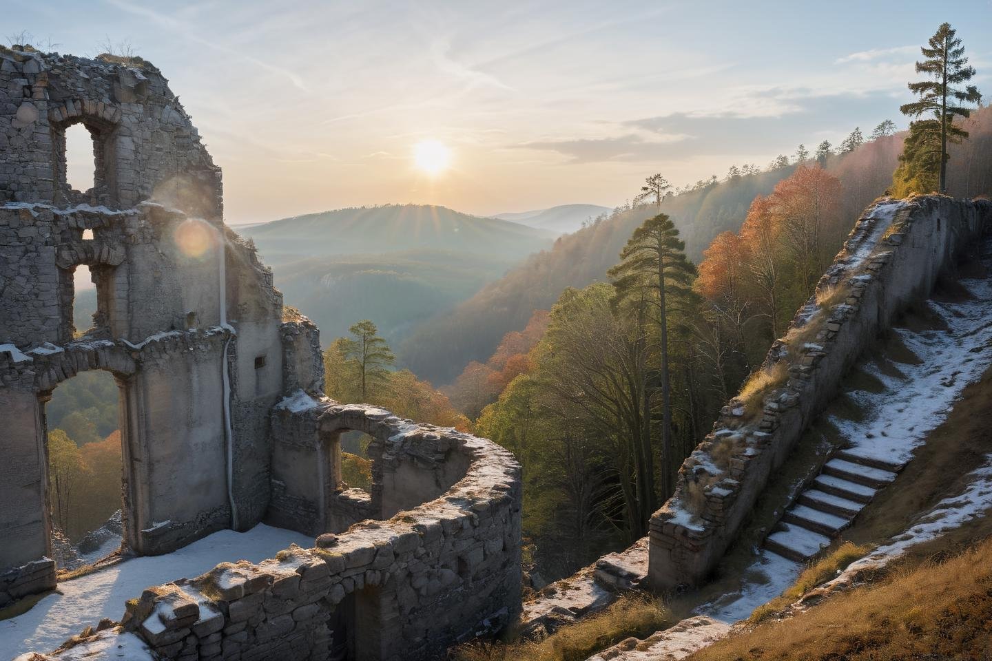 Hyperrealistic art professional photo, scenery, path through ruins up to hill, forest, river, cliffs (dramatic sky,  journal cover shot, natural colors, correct white balance, color correction, dehaze,clarity),  . Extremely high-resolution details, photographic, realism pushed to extreme, fine texture, incredibly lifelike   <lora:When_autumn_meets_winter_XL:1>