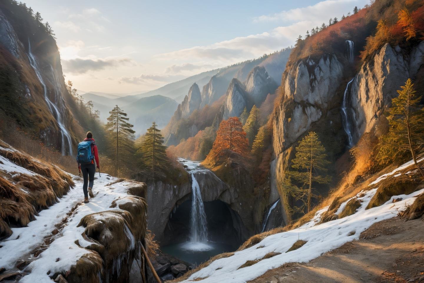 Hyperrealistic art professional photo, woman hiking in mountains,  autumn winter, scenery, path through cliffs up to hill to rock window, waterfall, forest, (dramatic sky,  journal cover shot, natural colors, correct white balance, color correction, dehaze,clarity),  . Extremely high-resolution details, photographic, realism pushed to extreme, fine texture, incredibly lifelike   <lora:When_autumn_meets_winter_XL:1>