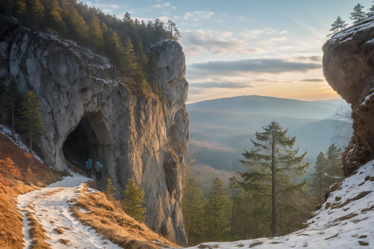 Hyperrealistic art professional photo, scenery, path through cliffs up to hill to rock window, forest, (dramatic sky,  journal cover shot, natural colors, correct white balance, color correction, dehaze,clarity),  . Extremely high-resolution details, photographic, realism pushed to extreme, fine texture, incredibly lifelike   <lora:When_autumn_meets_winter_XL:1>