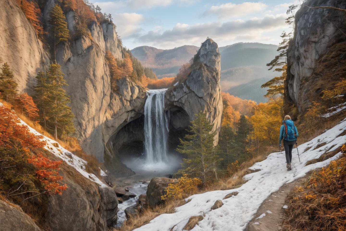 Hyperrealistic art professional photo, woman hiking in mountains,  autumn winter, scenery, path through cliffs up to hill to rock window, waterfall, forest, (dramatic sky,  journal cover shot, natural colors, correct white balance, color correction, dehaze,clarity),  . Extremely high-resolution details, photographic, realism pushed to extreme, fine texture, incredibly lifelike   <lora:When_autumn_meets_winter_XL:1>