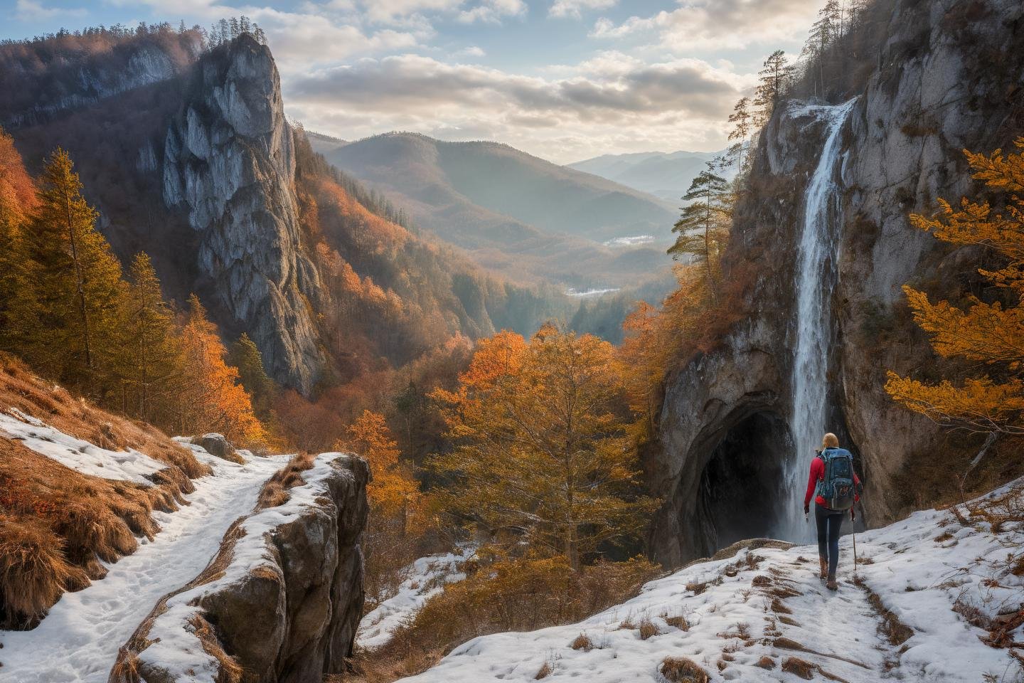 Hyperrealistic art professional photo, woman hiking in mountains,  autumn winter, scenery, path through cliffs up to hill to rock window, waterfall, forest, (dramatic sky,  journal cover shot, natural colors, correct white balance, color correction, dehaze,clarity),  . Extremely high-resolution details, photographic, realism pushed to extreme, fine texture, incredibly lifelike   <lora:When_autumn_meets_winter_XL:1>