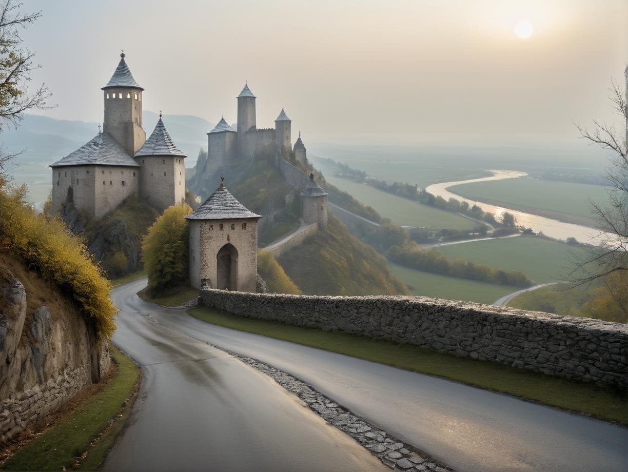 Hyperrealistic art professional photo, scenery, skanzen, river, shrine, road, castle on the hill in background, (natural colors, correct white balance, color correction, dehaze,clarity),  . Extremely high-resolution details, photographic, realism pushed to extreme, fine texture, incredibly lifelike   <lora:SkanzenXL:1>