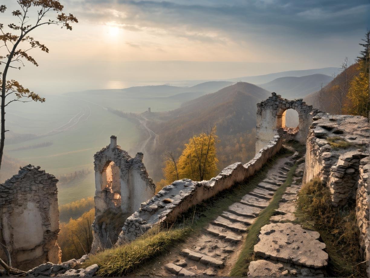 Hyperrealistic art professional photo, scenery, skanzen, narrow forest path, cliffs, (ruins), dramatic sky, castle ruin on cliff hill in background (natural colors, correct white balance, color correction, dehaze,clarity),  . Extremely high-resolution details, photographic, realism pushed to extreme, fine texture, incredibly lifelike   <lora:SkanzenXL:1.2>