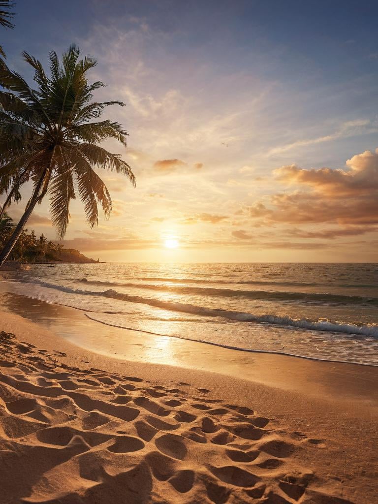 ((sea bay)), beach, palm tree, sunset, orange sky, cloud, (masterpiece),((ultra-detailed)), (highly detailed CG illustration),(expressionless), (best quality:1.2), High quality texture, intricate details, detailed texture, High quality shadow, Cinematic Light, Depth of field, light source contrast, perspective,20s,