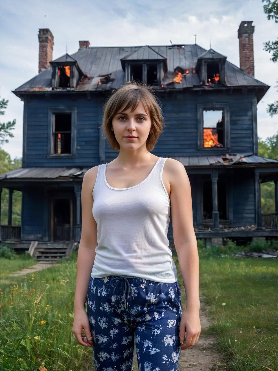 analog photo, close portrait, 22 years old very beautiful woman, stunning beauty, pajama pants, cotton pajama tank top, short bob hair with bangs slim, face focus, outside, near an old wooden mansion that caught fire after an explosion, fire, vibrant colors, dramatic, high contrast, high saturation, film grain, navy-blue, red, white