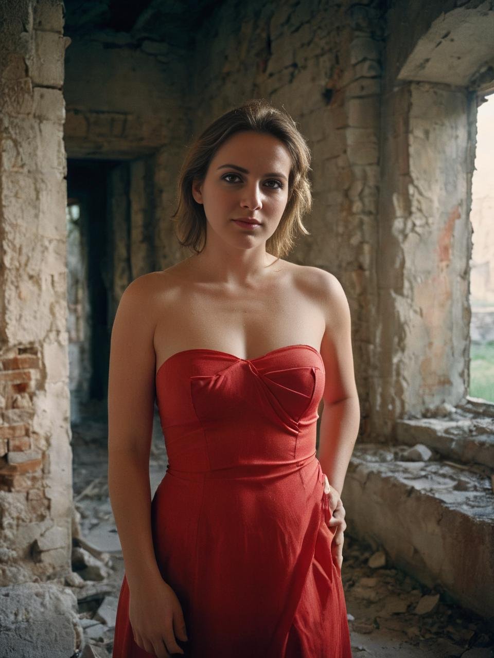 analog photo, vintage, film grain, close up portrait of naked woman wearing red strapless dress, kodachrome camera transparency film grain, dramatic lighting, ruin background, rimlight