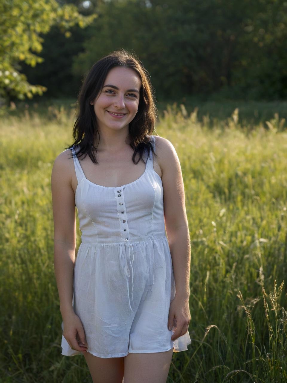 award winning photo, full body shot, joy19, delicate, beautiful, portrait, (freckles:0.1), long black hair, cute smile, cinematic, rimlight, backlighted, outdoors