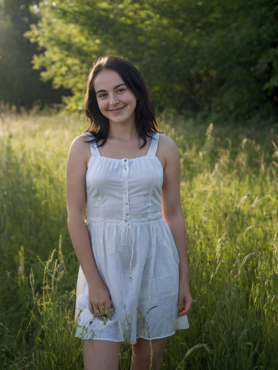 award winning photo, full body shot, joy19, delicate, beautiful, portrait, (freckles:0.1), long black hair, cute smile, cinematic, rimlight, backlighted, outdoors