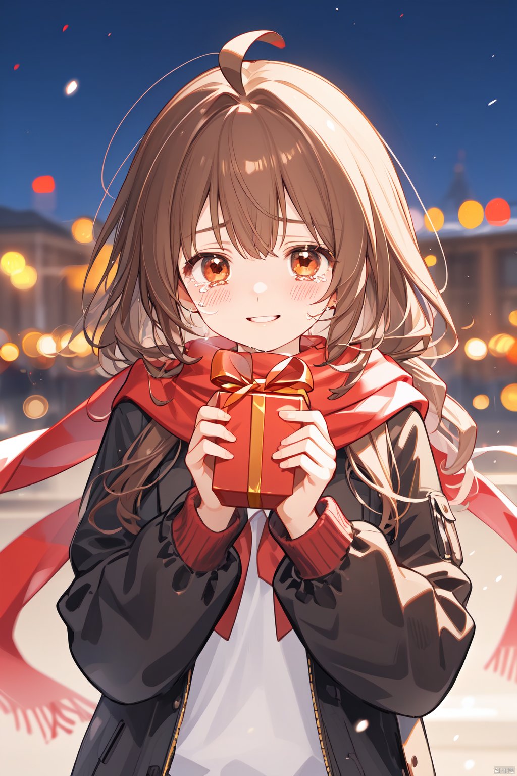 best quality, amazing quality, very aesthetic,1girl, long_hair, scarf, brown_hair, looking_at_viewer, holding, blush, smile, jacket, outdoors, red_scarf, bangs, gift, blurry_background, solo, blurry, long_sleeves, tears, black_jacket, holding_gift, upper_body, night, floating_hair, very_long_hair, open_clothes, brown_eyes, shirt, white_shirt, crying_with_eyes_open, open_jacket, red_eyes, crying, christmas, school_uniform, ahoge, parted_lips