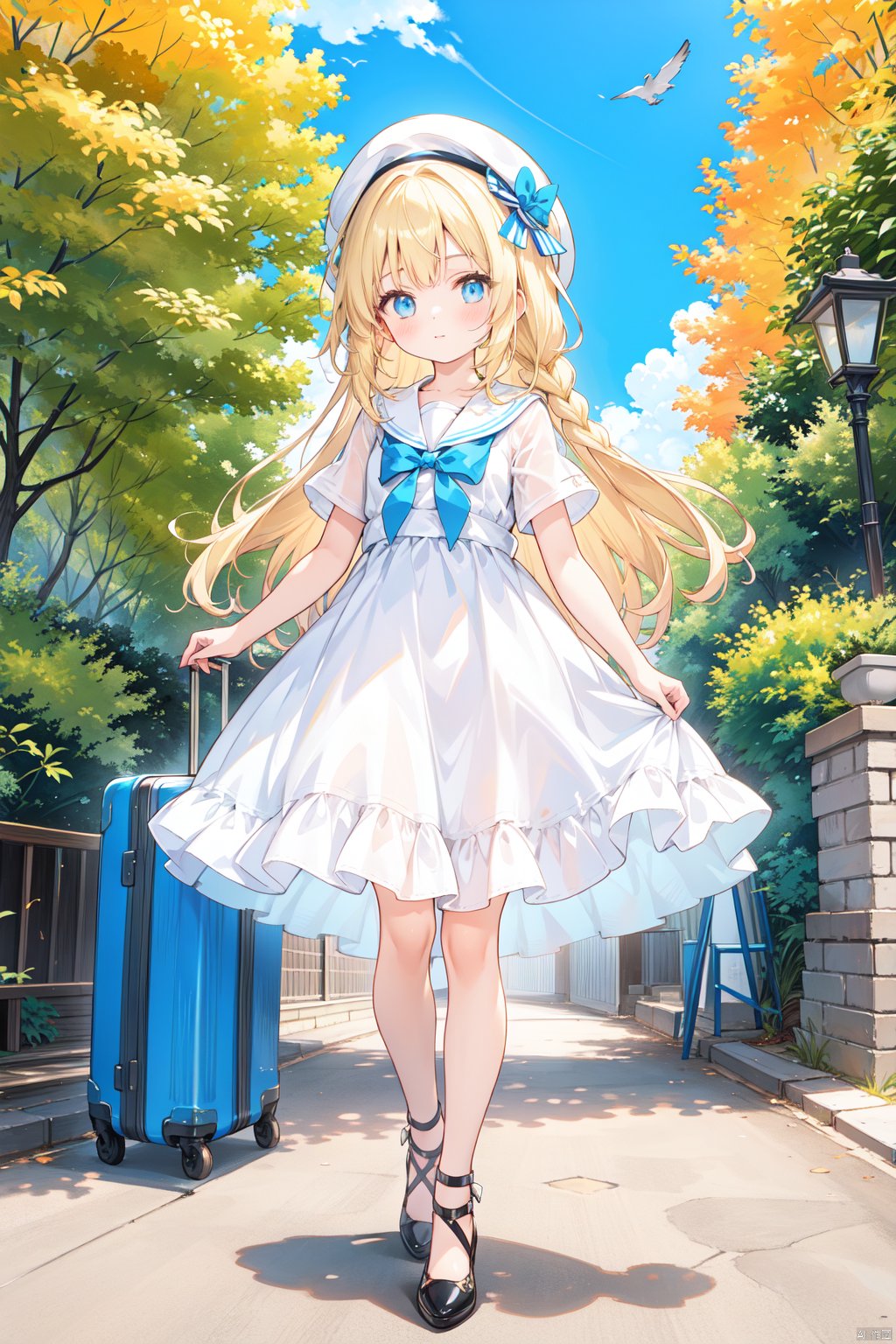 petite,loli,1girl, dress, blonde_hair, long_hair, solo, blue_eyes, braid, checkered_floor, hat, white_dress, white_headwear, day, bird, outdoors, white_footwear, suitcase, sky, sailor_dress, holding, breasts, walking, cloud, full_body, high_heels, standing, sailor_collar, frills