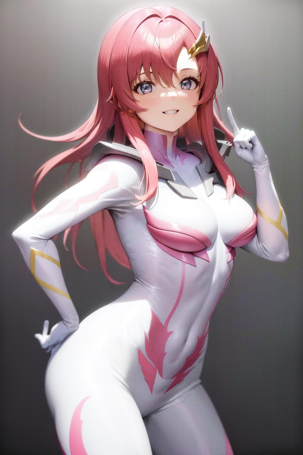 masterpiece, best quality, highres, 1girl hair ornament, pilot suit white gloves <lora:lacus_clyne_pilot_suit:1> smile, hand on hip