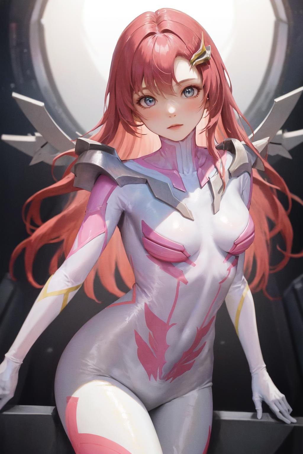 masterpiece, best quality, highres, 1girl hair ornament, pilot suit white gloves <lora:lacus_clyne_pilot_suit:1>