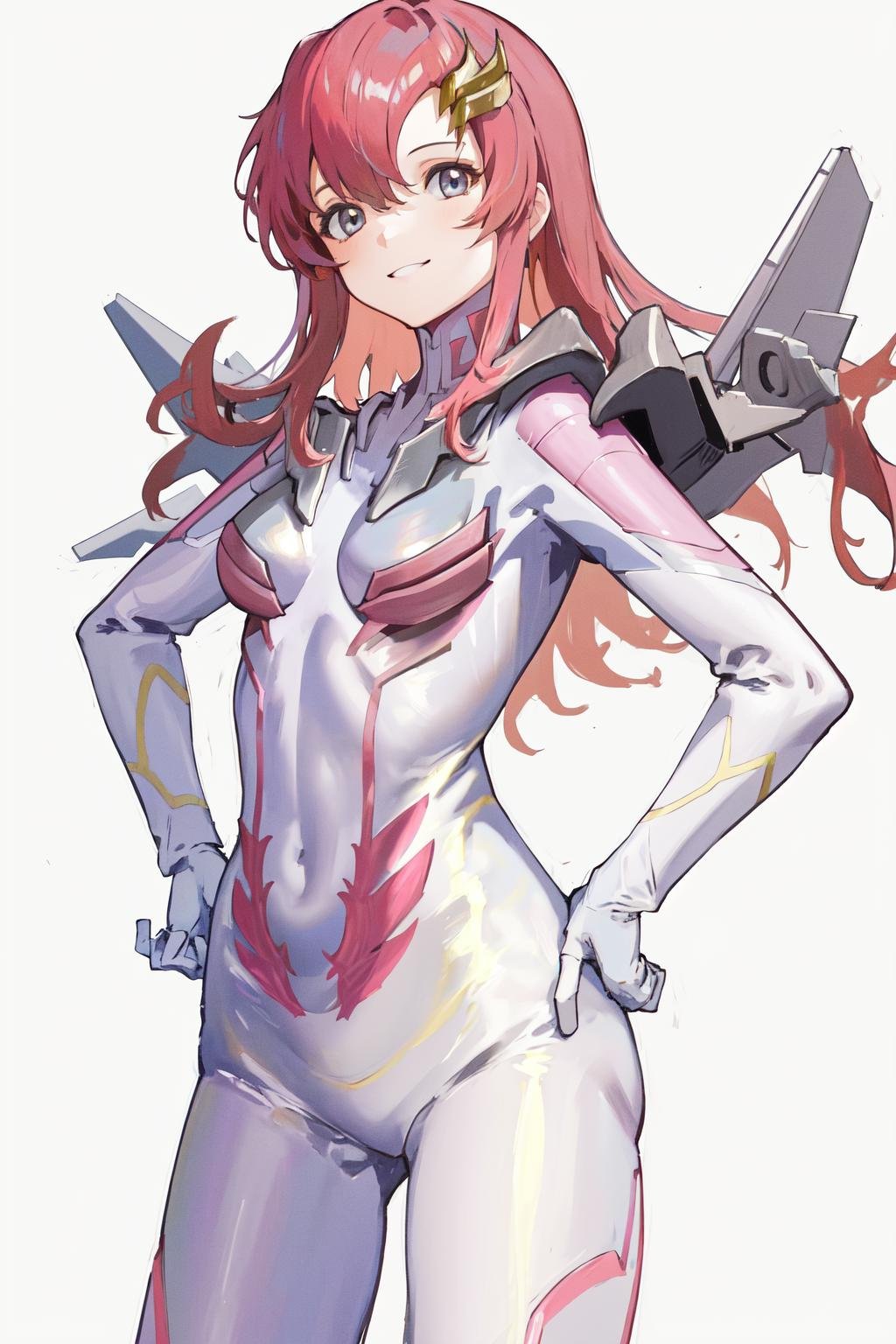 masterpiece, best quality, highres, 1girl hair ornament, pilot suit white gloves <lora:lacus_clyne_pilot_suit:1> simple background, hand on hip, smile