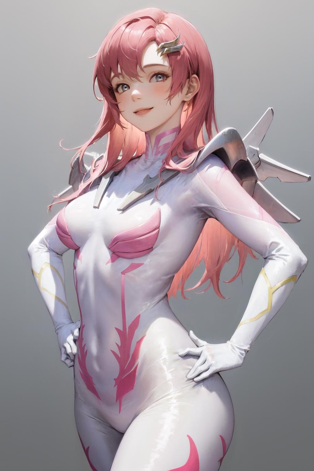 masterpiece, best quality, highres, 1girl hair ornament, pilot suit white gloves <lora:lacus_clyne_pilot_suit:1> hand on hip, smile, simple background