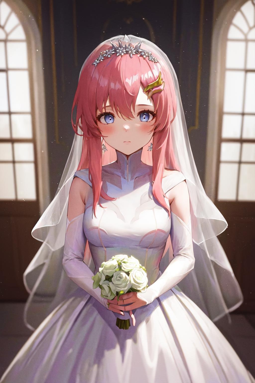 masterpiece, best quality, highres, 1girl hair ornament <lora:lacus_clyne_pilot_suit:1> wedding dress, (white dress:1.2)