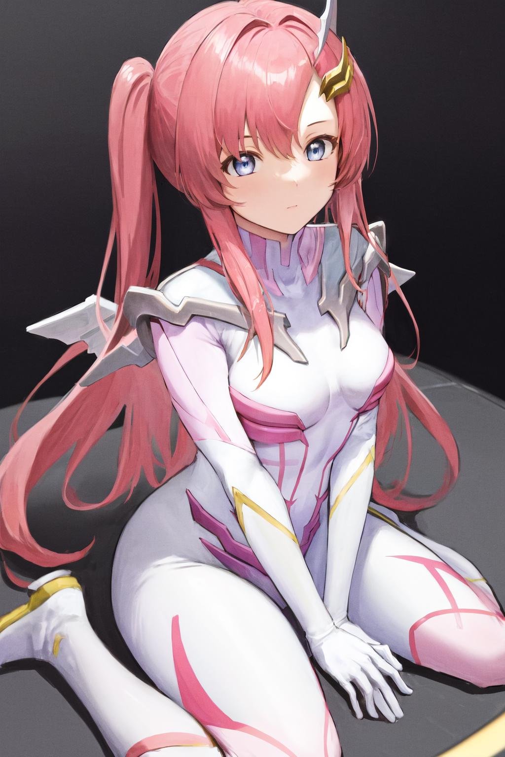 masterpiece, best quality, highres, 1girl hair ornament, pilot suit white gloves <lora:lacus_clyne_pilot_suit:1> sitting, wariza