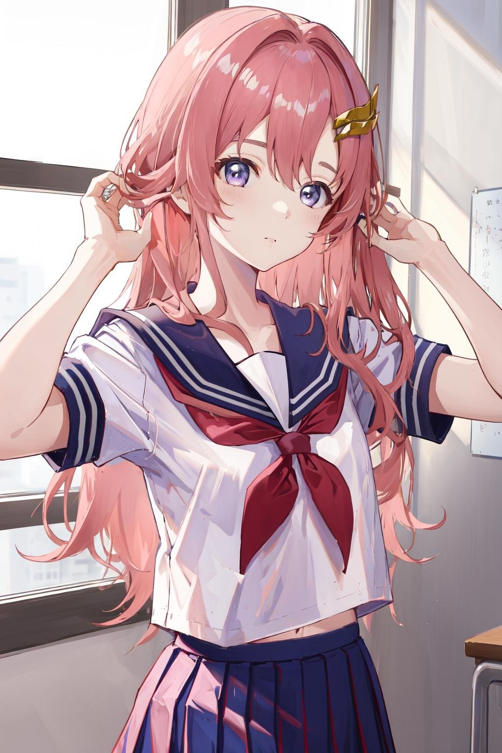 masterpiece, best quality, highres, 1girl hair ornament <lora:lacus_clyne_pilot_suit:1> serafuku, school uniform, pleated skirt