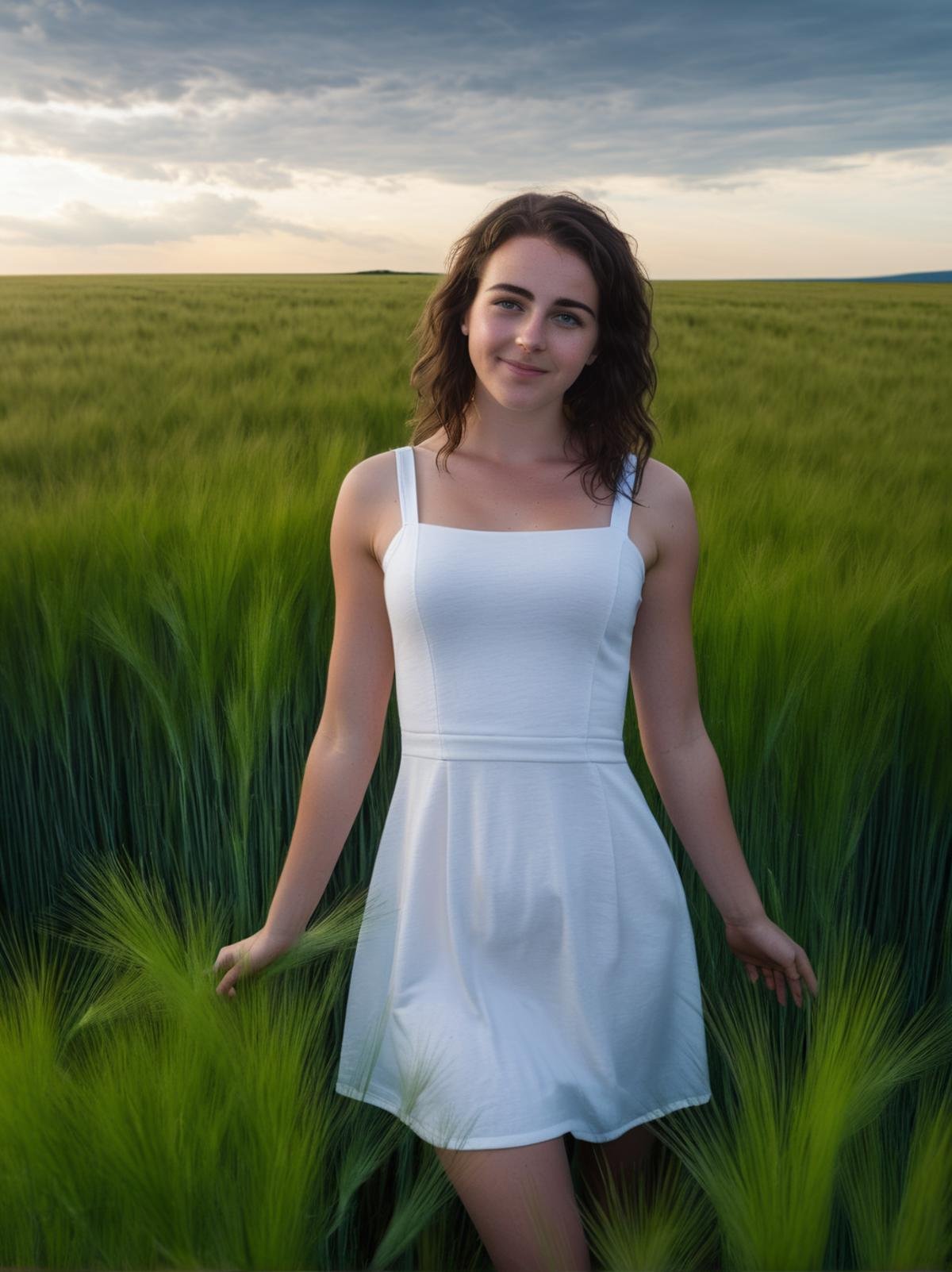 Professional photography, medium shot, 24 yo naked girl, wearing cotton dress, at high grass, smirking, dark straight hair, (curvy:0.7), (short height:1.1), from above, cinematic light, dramatic sky, <lora:ordinary_woman_XL-000007>