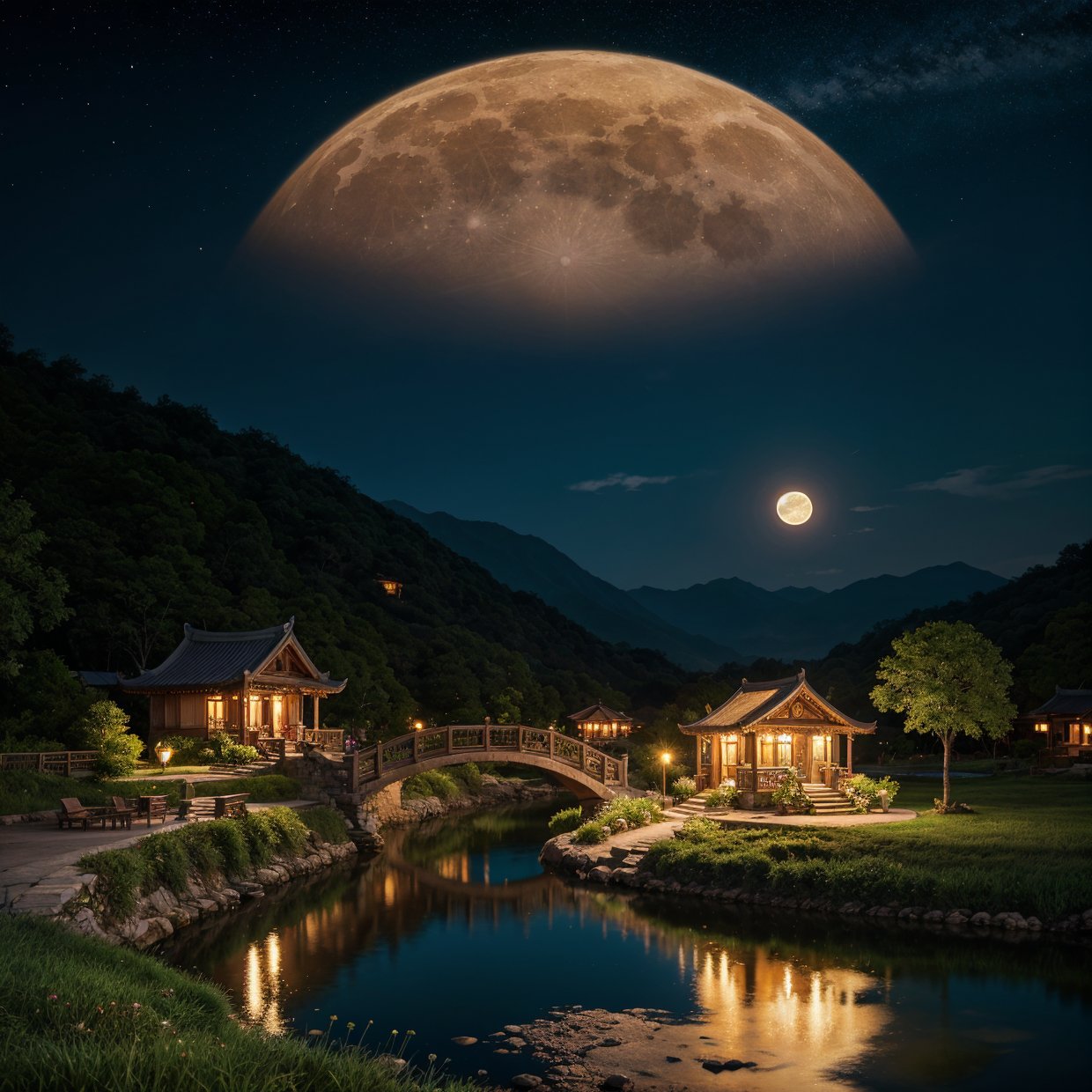 night scene with some house asian, vietnam, viet nam, ha giang, moon, lake in the foreground, calm night, green and blue, digital illustration, 4k highly detailed digital art, night scenery, anime art wallpaper 4k, anime art wallpaper 4 k, 4k detailed digital art, nighttime nature landscape, anime art wallpaper 8 k, background artwork, beautiful art uhd 4 k, 4 k hd illustrative wallpaper