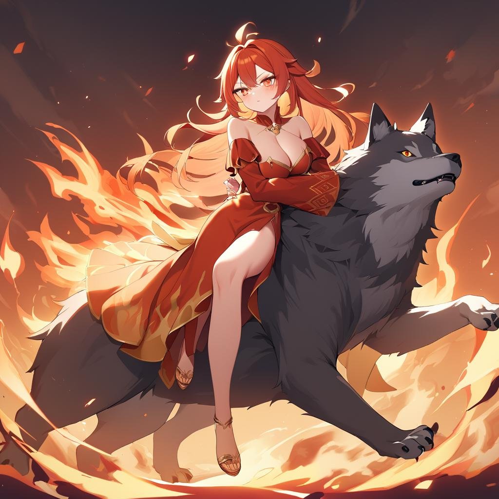 1girl, <lora:LinaSDXL:.6> Lina, fiery hair, full body, red and gold dress, cleavage, hugging a wolf