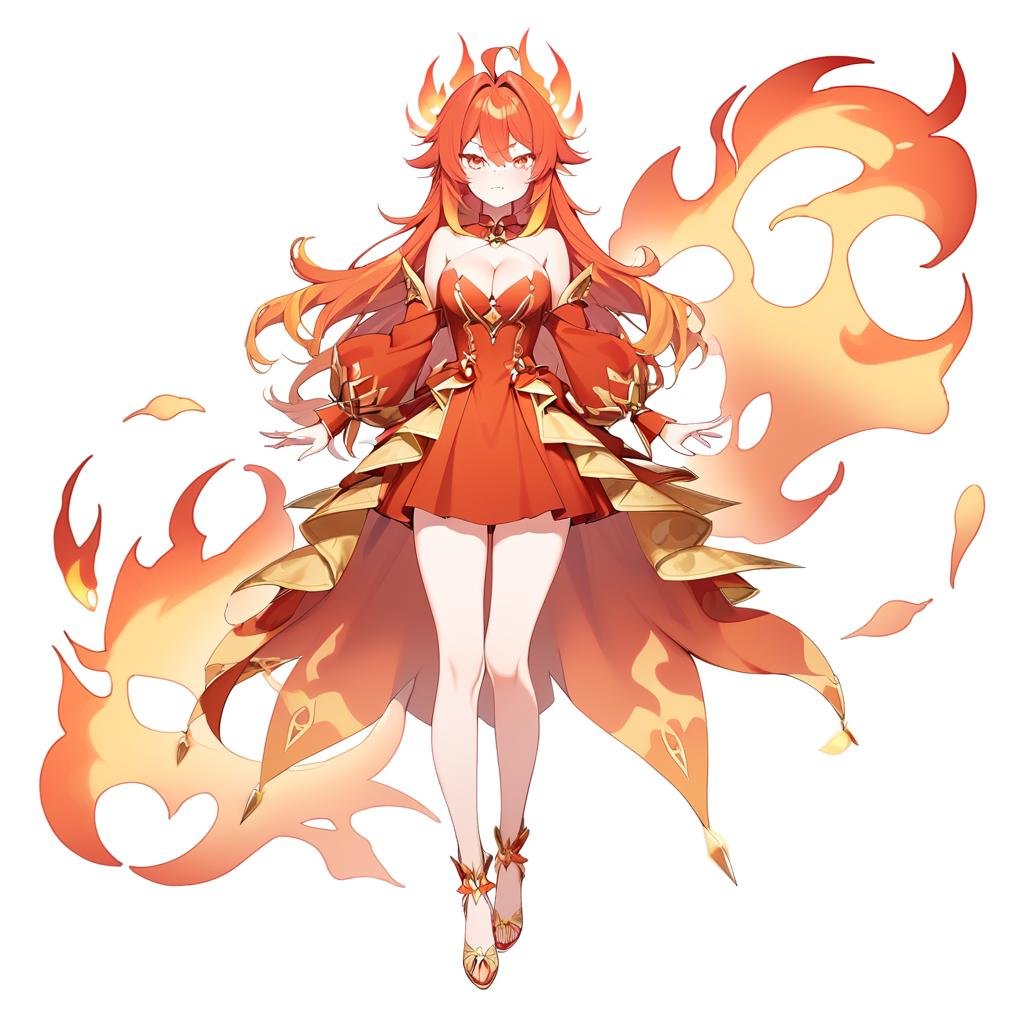 1girl, <lora:LinaSDXL:.6> Lina, fiery hair, full body, red and gold dress, cleavage