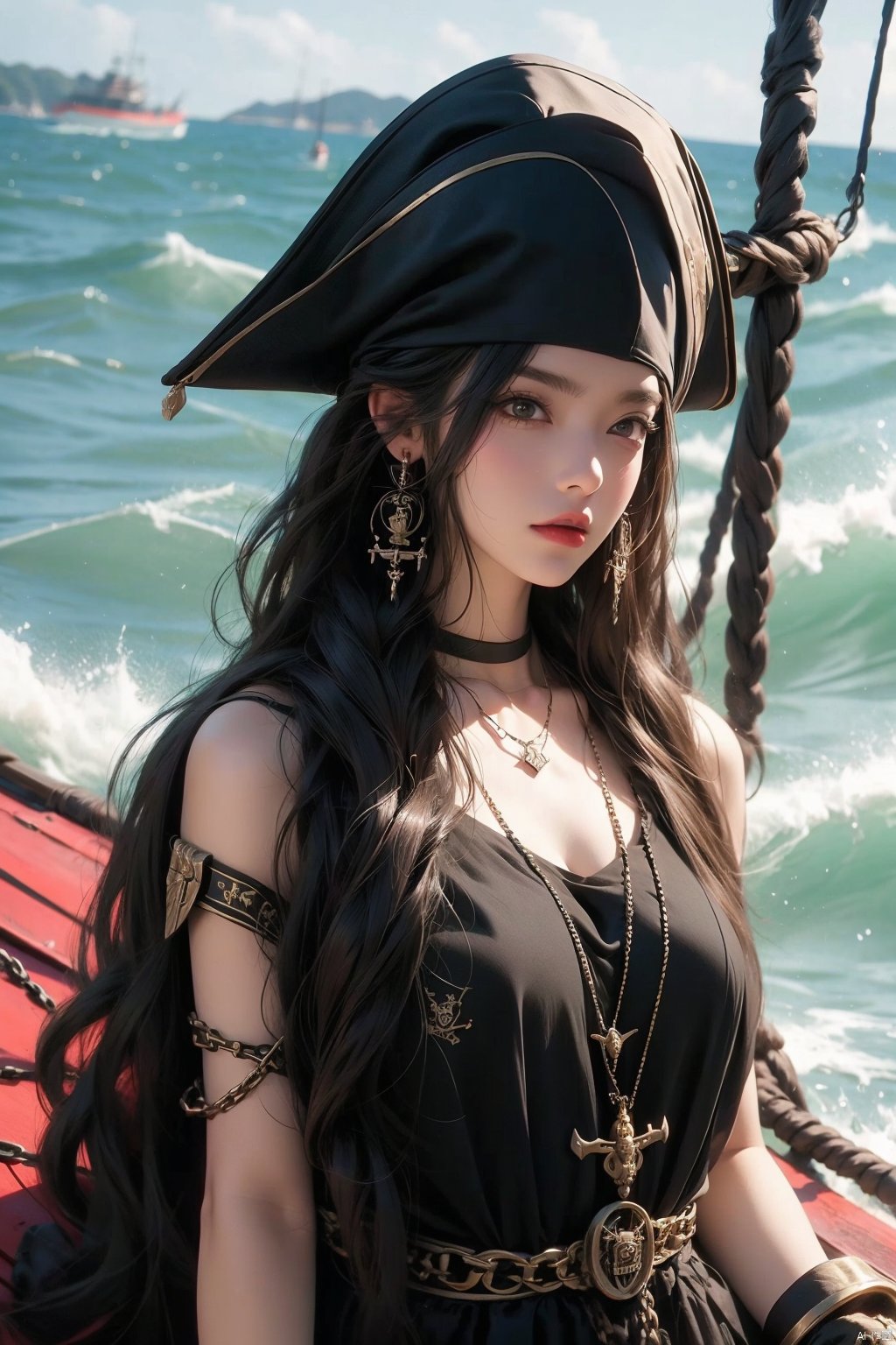 A female pirate, the sea, the ship,chain

