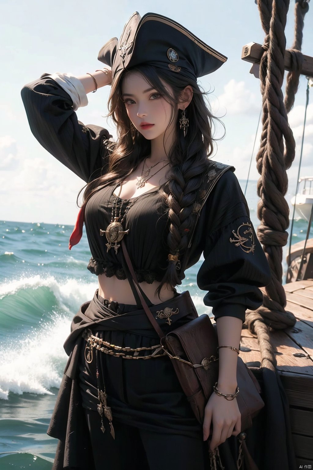 A female pirate, the sea, the ship,chain

