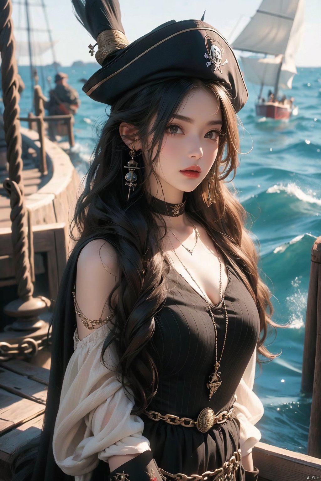 A female pirate, the sea, the ship,chain,truss up

