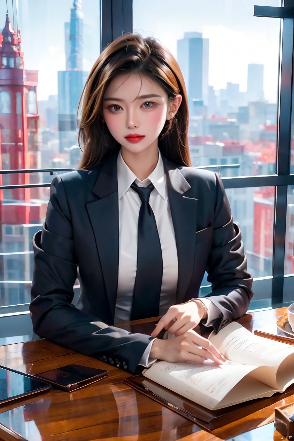 1girl,office,orehead mark,mole,(European model: 1.3),31 years old, exquisite, business women's clothing, (jacket: 1.1),High collar,(shirt: 1.1), filigreth, quality, skyscraper boss's office, windows that can see the cityscape, film grain, depth of field ,