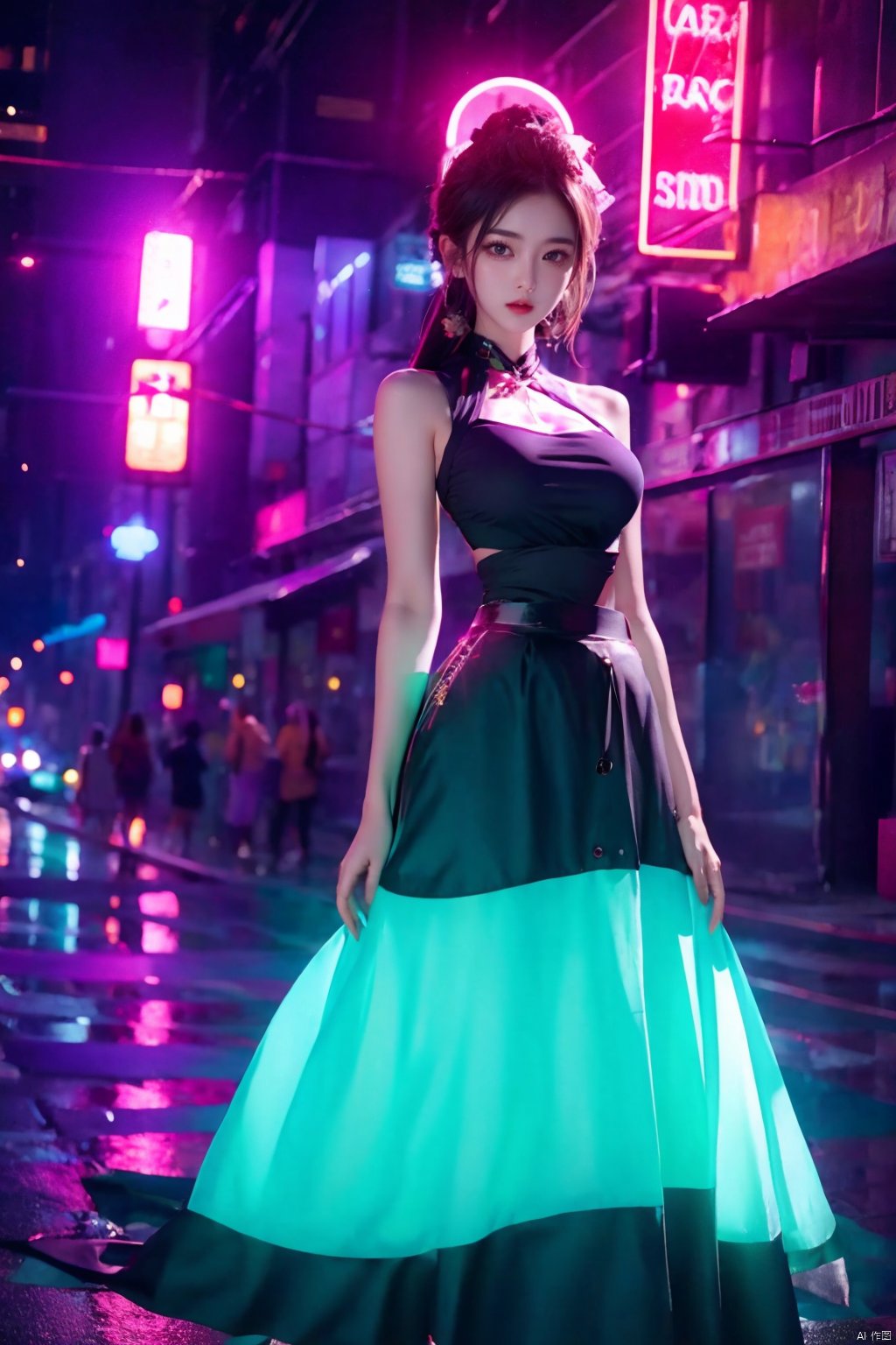  1girl,high-waist skirt,neon lights,