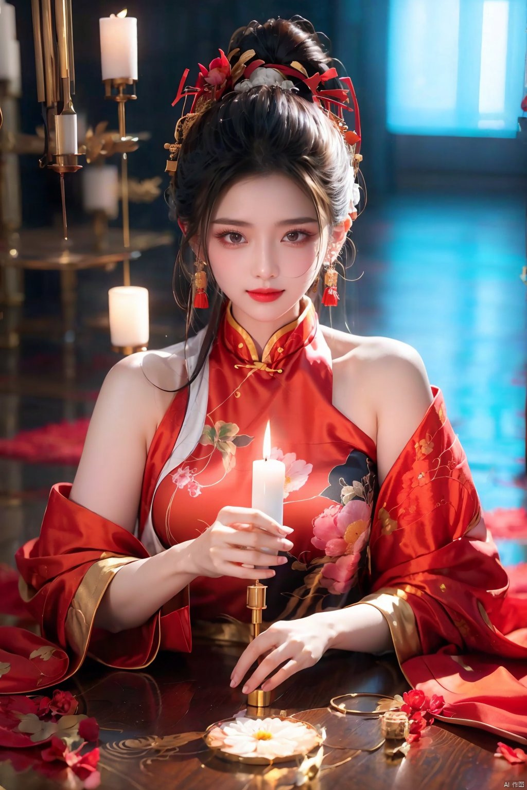 1girl,chinese hanfu,Bare shoulder, Lying on the ground,smile,Holding a big candle, Melting candles dripping onto the body,hair ornament,solo,flower,hair flower,candle,earrings,jewelry,black hair,black eyes,blurry,lips,red lips,looking at viewer,tassel,depth of field,makeup,realistic,(red_clothes:1.3),chinese clothes,