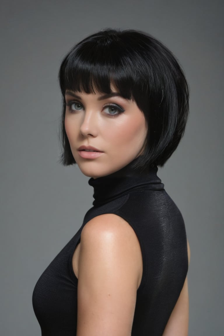 ohwx woman, full body shot, gray eyes, wearing a black turtleneck outfit, bob cut hair, black hair, eye shadow and eyeliner, beautiful lighting, sharp focus, 8k, high res, (pores:0.1), (sweaty:0.8), Masterpiece, Nikon Z9, Award - winning photograph