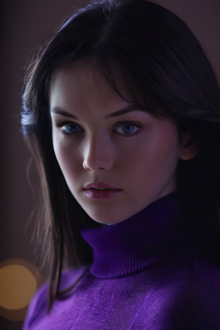 ohwx woman, blue eyes, delicate traits, Sharp Focus, (close-up:0.1), low key lighting, shot on Lumix GH5, cinematic bokeh, purple tight turtleneck shirt, black long hair, (simple background:1.2), teasing, detailed skin, Detailedface, solo
