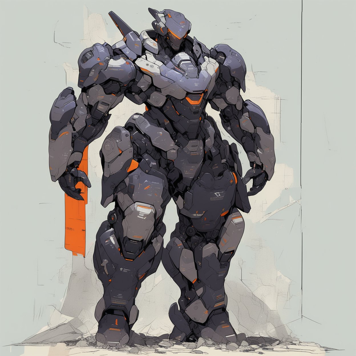 masterpiece, best quality,
robot, rough sketch, flat color, illustration, armor, solo, 1boy, helmet, looking at viewer, science fiction, glowing, orange eyes, no humans, glowing eyes, power armor, standing, full body