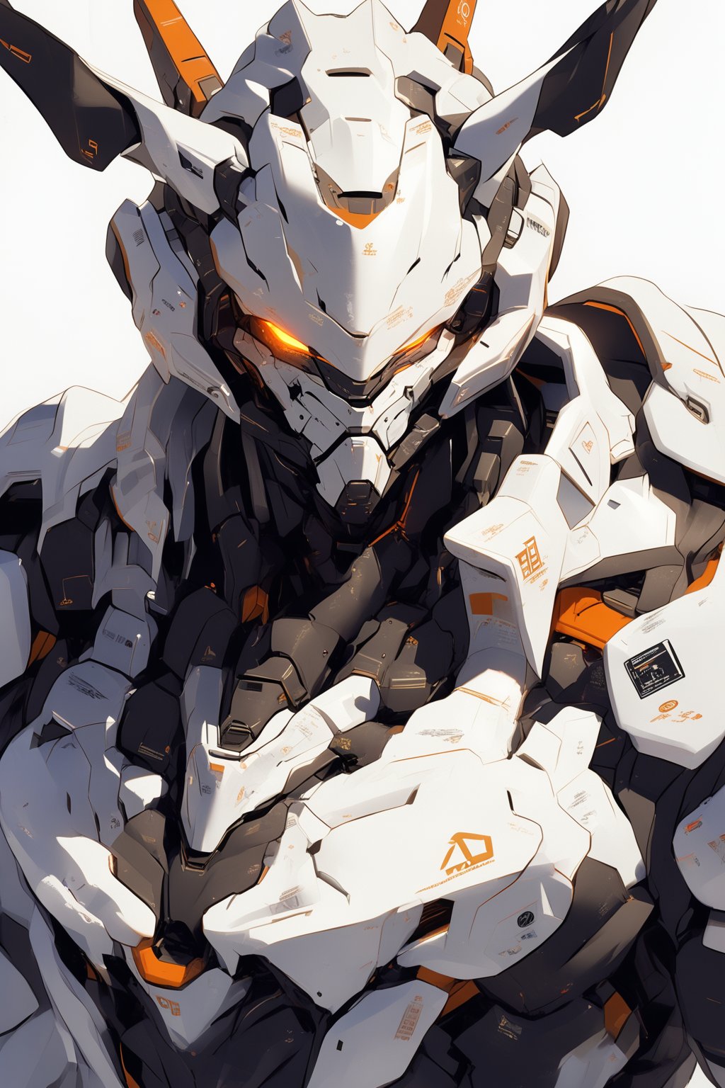 robot, rough sketch, helmet, upper body, looking at viewer, white background, science fiction, glowing, orange eyes, no humans, simple background,  glowing eyes, power armor, horns
,masterpiece, best quality,