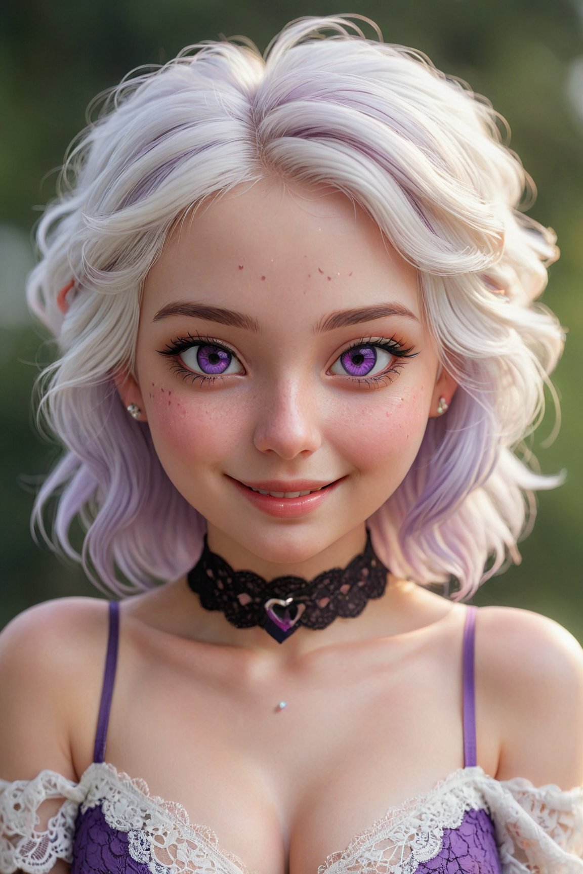 1girl, heart-shaped pupils, white hair, purple eyes, (blush:1.1), choker, upper body, trembling, sweat, sweatdrop, heart, (medium breasts:0.6), love, heart, crop top, happy, smile, lace, bokeh, (freckles:0.8), natural skin texture, portrait