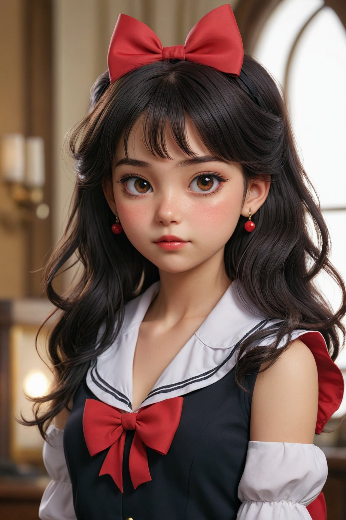 (best quality, 4k, 8k, highres, masterpiece:1.5), ultra-detailed, 1girl,solo,long hair,looking at viewer,blush,bangs,shirt,black hair,bow,jewelry,very long hair,upper body,hair bow,earrings,sleeveless,sailor collar,red bow,black shirt,sleeveless shirt,bell,animal,cat,crescent