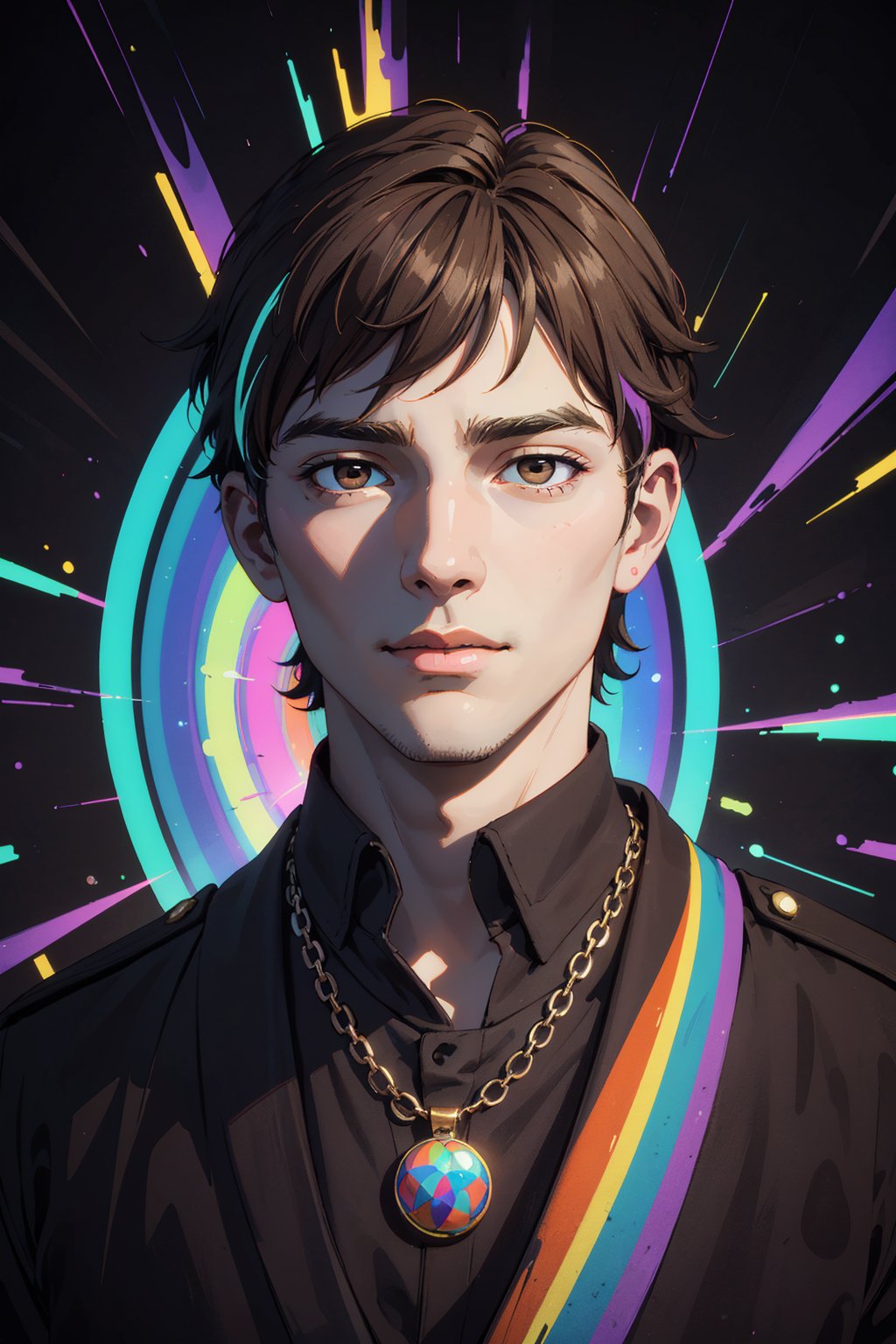 1boy, solo, Tex, oil painting, impasto, looking at viewer, a handsome man, 30 years old, short brown hair, brown eyes, tribal necklace. he wears a black uniform with white elements. ((psychedelic full_color background)), masterpiece, nijistyle, niji, ,sciamano240, soft shading, fantasy, Tex