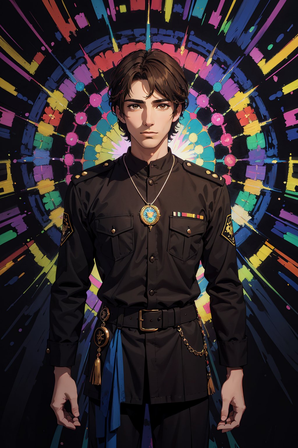 1boy, solo, Tex, oil painting, impasto, looking at viewer, a handsome man, 30 years old, short brown hair, brown eyes, tribal necklace. he wears a black uniform with white elements. ((psychedelic full_color background)), masterpiece, nijistyle, niji, ,sciamano240, soft shading, fantasy, Tex